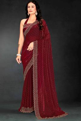 Maroon sequin embroidered work two tone silk saree sari 1