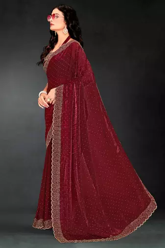 Maroon sequin embroidered work two tone silk saree sari