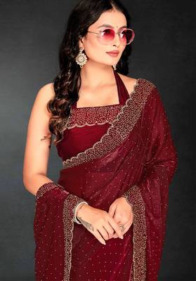 Maroon sequin embroidered work two tone silk saree sari 4