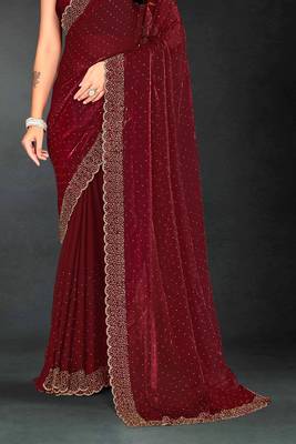 Maroon sequin embroidered work two tone silk saree sari 5