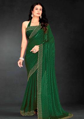 Dark green sequin embroidered work two tone silk saree sari 1