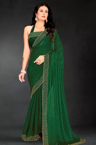 Dark green sequin embroidered work two tone silk saree sari