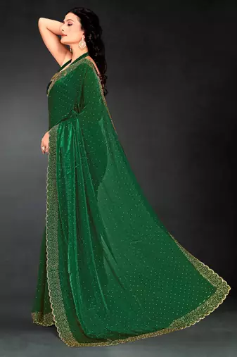Dark green sequin embroidered work two tone silk saree sari