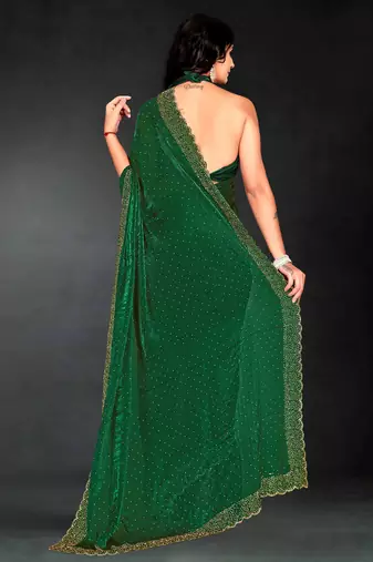Dark green sequin embroidered work two tone silk saree sari