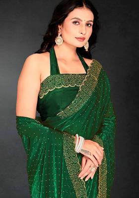 Dark green sequin embroidered work two tone silk saree sari 4