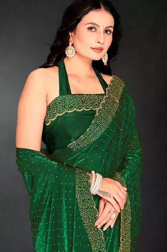 Dark green sequin embroidered work two tone silk saree sari