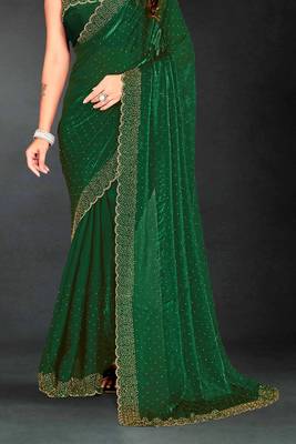 Dark green sequin embroidered work two tone silk saree sari 5