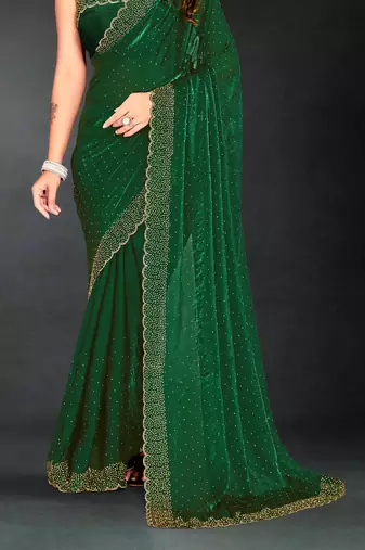 Dark green sequin embroidered work two tone silk saree sari