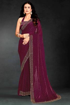 Purple sequin embroidered work two tone silk saree sari 1