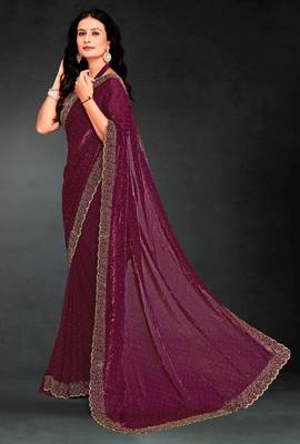 Purple sequin embroidered work two tone silk saree sari 2