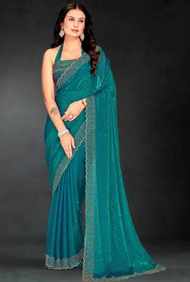 Sea green sequin embroidered work two tone silk saree sari 1