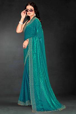 Sea green sequin embroidered work two tone silk saree sari 2