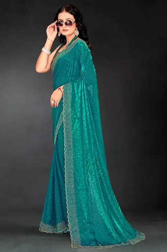 Sea green sequin embroidered work two tone silk saree sari