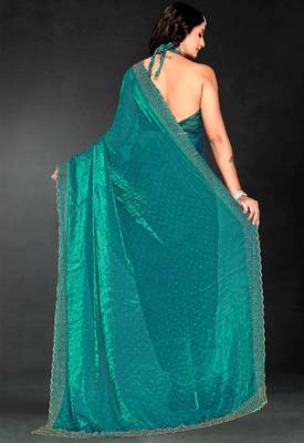 Sea green sequin embroidered work two tone silk saree sari 3