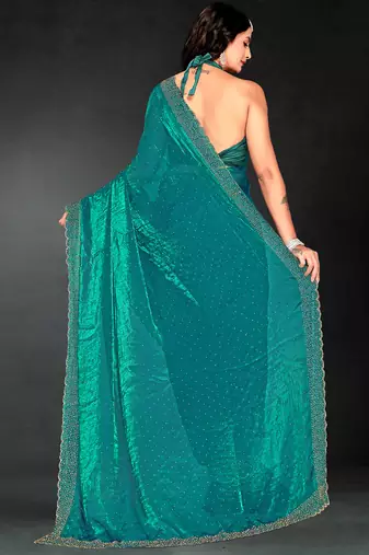 Sea green sequin embroidered work two tone silk saree sari