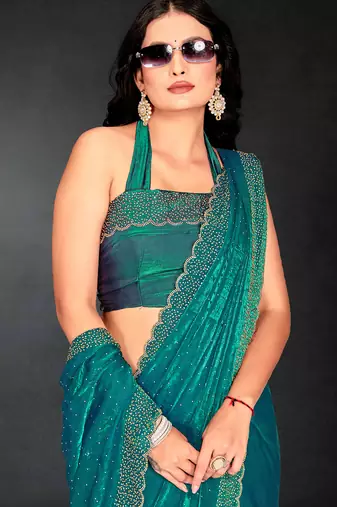Sea green sequin embroidered work two tone silk saree sari