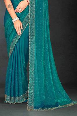 Sea green sequin embroidered work two tone silk saree sari 5