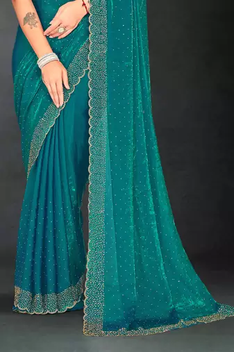 Sea green sequin embroidered work two tone silk saree sari