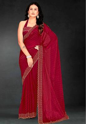 Magenta sequin embroidered work two tone silk saree sari 1