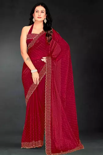 Magenta sequin embroidered work two tone silk saree sari