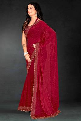 Magenta sequin embroidered work two tone silk saree sari 2