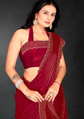 Magenta sequin embroidered work two tone silk saree sari 4