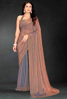 Grey sequin embroidered work two tone silk saree sari 1