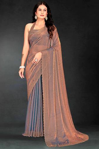 Grey sequin embroidered work two tone silk saree sari