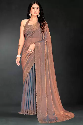 Grey sequin embroidered work two tone silk saree sari