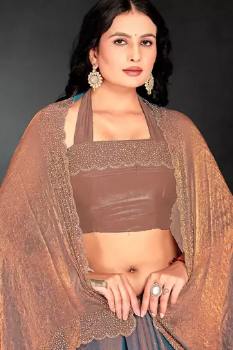 Grey sequin embroidered work two tone silk saree sari