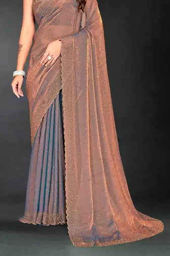 Grey sequin embroidered work two tone silk saree sari