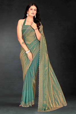 Green sequin embroidered work two tone silk saree sari 1