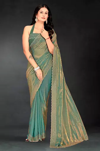Green sequin embroidered work two tone silk saree sari