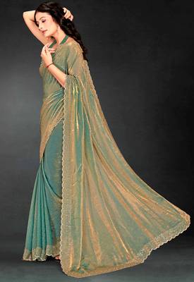 Green sequin embroidered work two tone silk saree sari 2