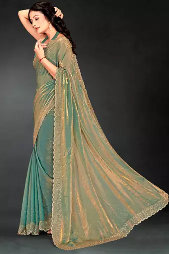 Green sequin embroidered work two tone silk saree sari