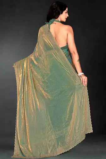 Green sequin embroidered work two tone silk saree sari