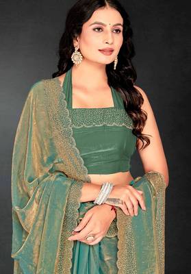 Green sequin embroidered work two tone silk saree sari 4