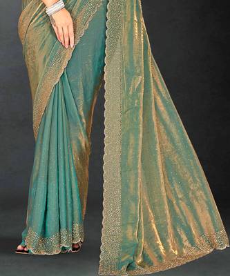 Green sequin embroidered work two tone silk saree sari 5
