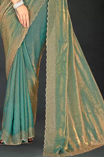 Green sequin embroidered work two tone silk saree sari
