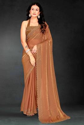 Brown sequin embroidered work two tone silk saree sari 1