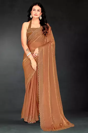 Brown sequin embroidered work two tone silk saree sari