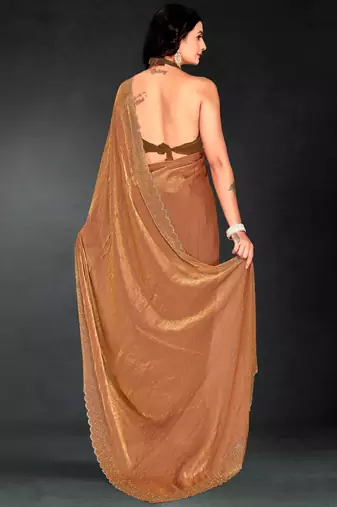 Brown sequin embroidered work two tone silk saree sari