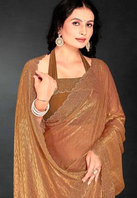 Brown sequin embroidered work two tone silk saree sari 4
