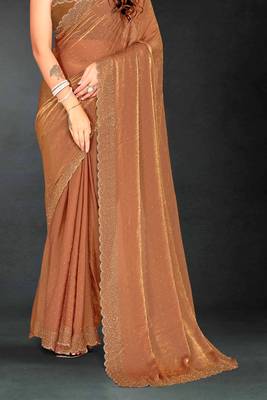 Brown sequin embroidered work two tone silk saree sari 5
