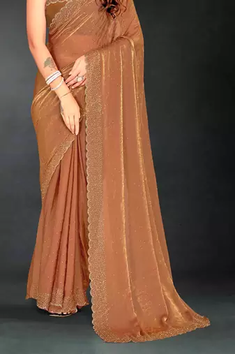 Brown sequin embroidered work two tone silk saree sari