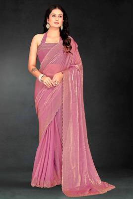 Pink sequin embroidered work two tone silk saree sari 1