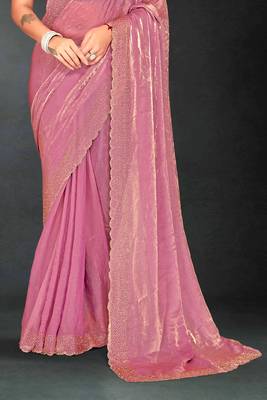 Pink sequin embroidered work two tone silk saree sari 5