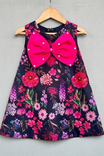 Floral aline dress with hot pink bow