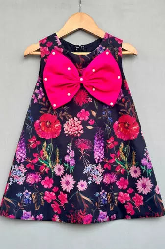 Floral aline dress with hot pink bow