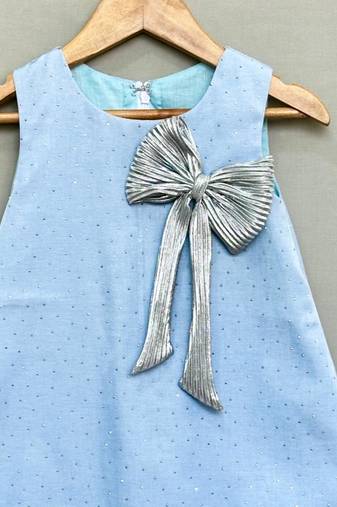 Denim shimmer dress with silver bow